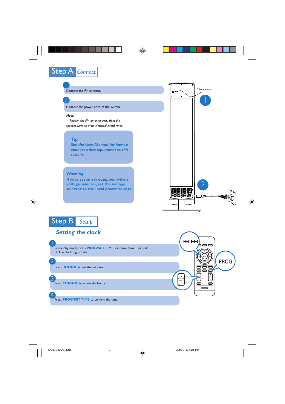 Setting the clock 1 2 3, Warning | Philips DC570 User Manual | Page 2 / 4