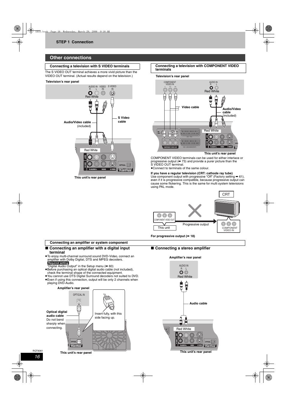 Other connections, Step 1 connection, Connecting a stereo amplifier | Connecting a television with s video terminals, Connecting an amplifier or system component, Red white, This unit progressive output | Philips DMR-EH55 User Manual | Page 16 / 76