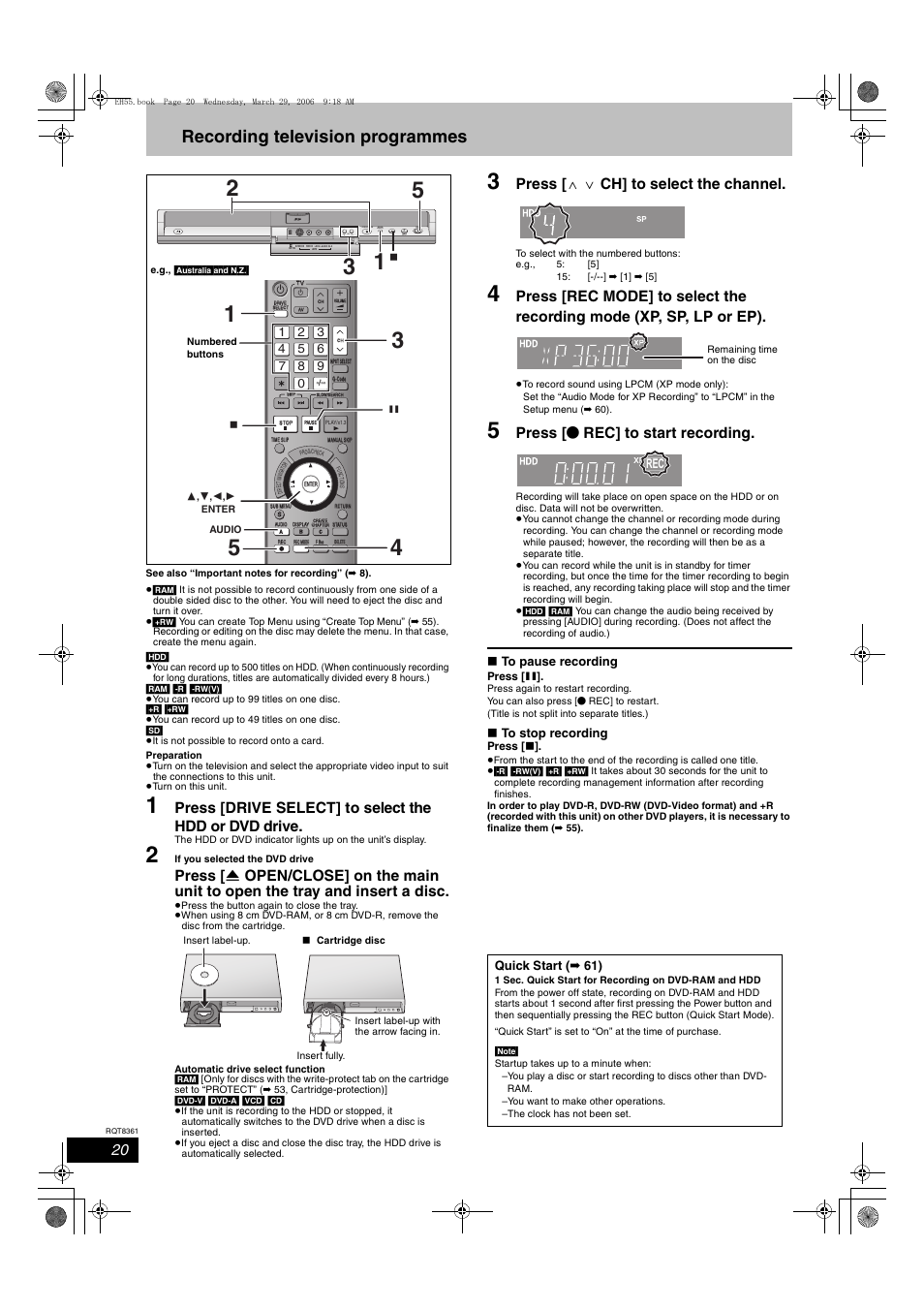 Recording television programmes, Press [ w x ch] to select the channel, Press [ ¥ rec] to start recording | Open/close drive select, Quick start ( ➡ 61) | Philips DMR-EH55 User Manual | Page 20 / 76