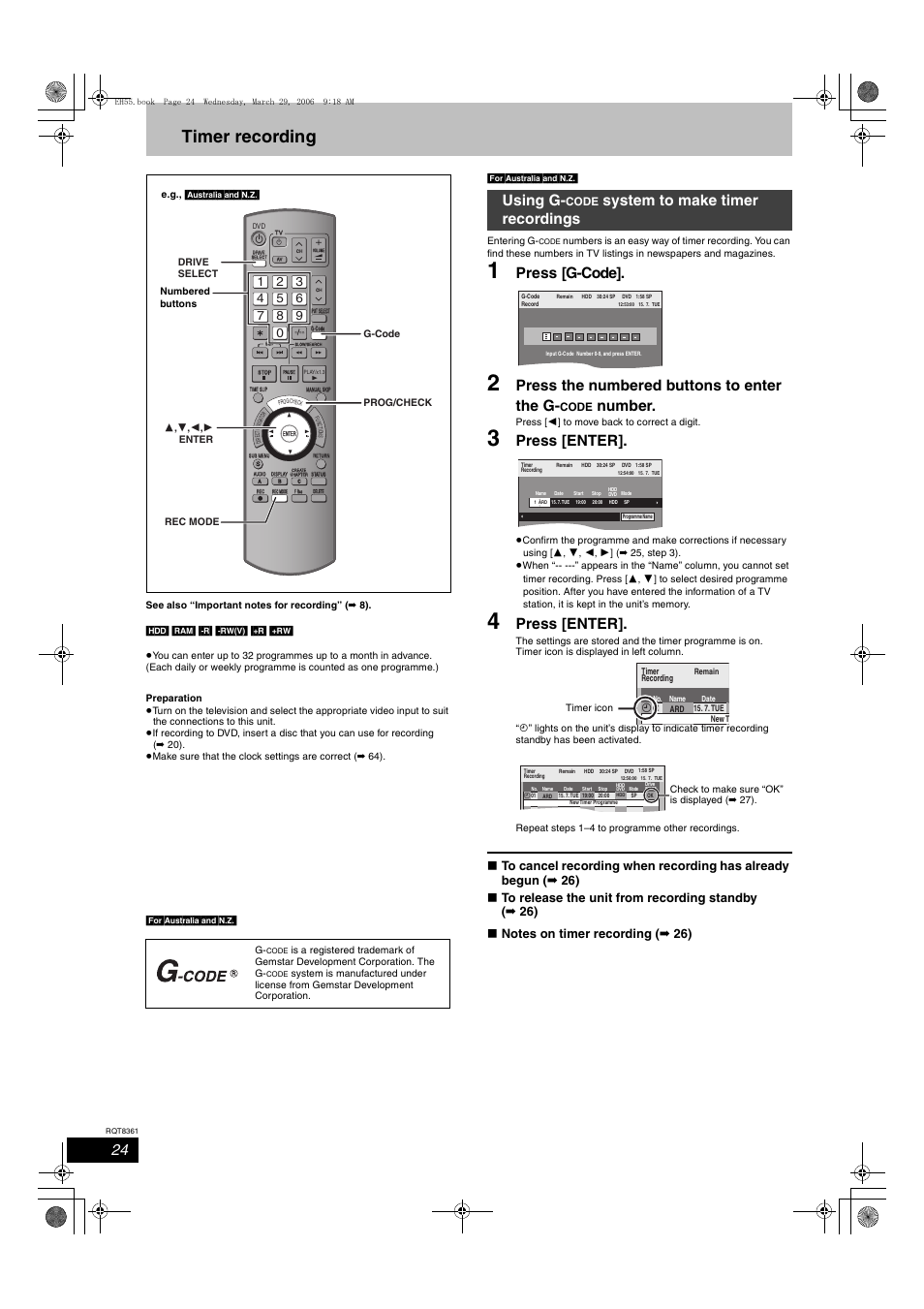Timer recording, Press [g-code, Press the numbered buttons to enter the g | Number, Press [enter, Using g, System to make timer recordings | Philips DMR-EH55 User Manual | Page 24 / 76
