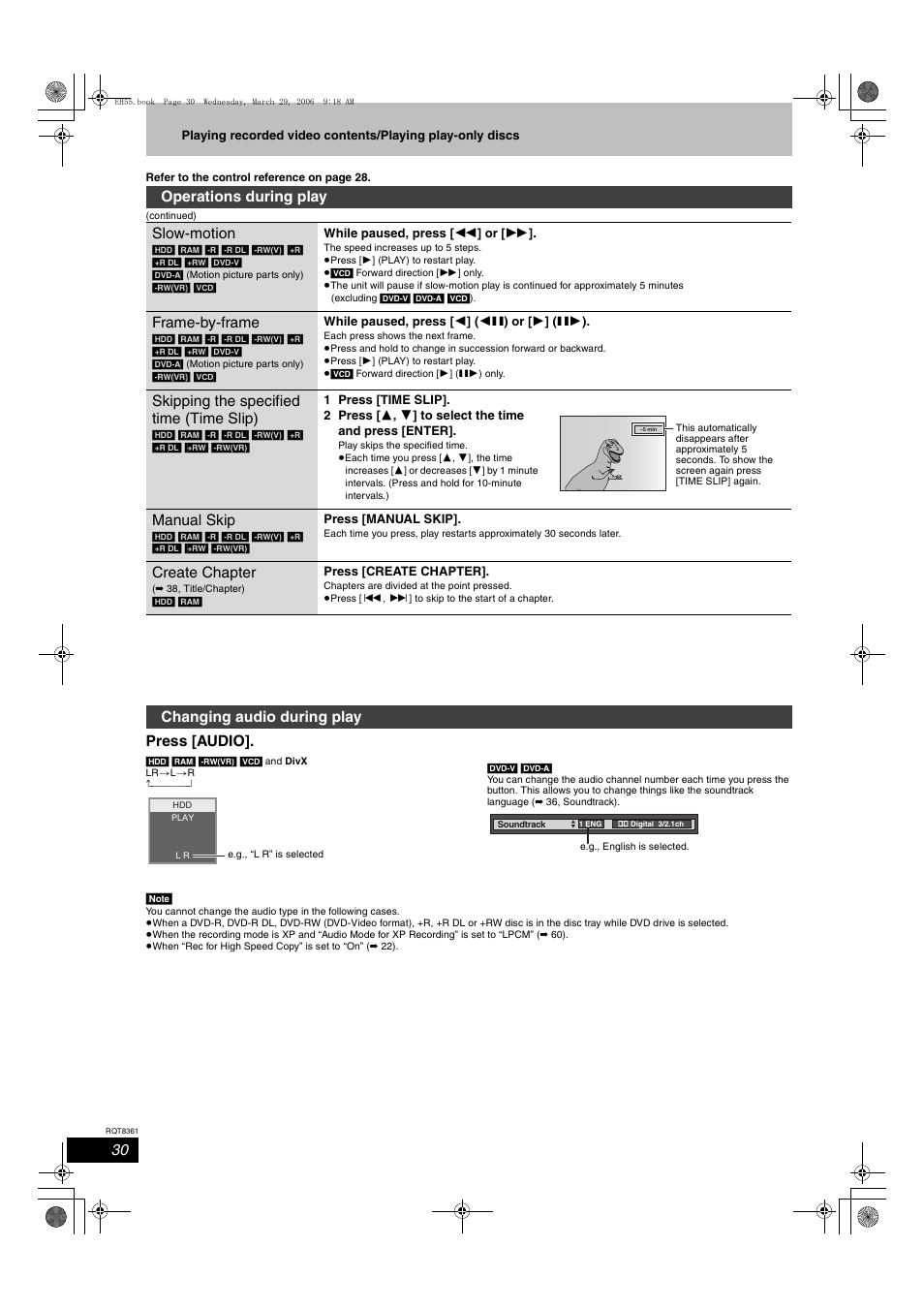 Press [audio, Operations during play slow-motion, Frame-by-frame | Skipping the specified time (time slip), Manual skip, Create chapter, Changing audio during play | Philips DMR-EH55 User Manual | Page 30 / 76