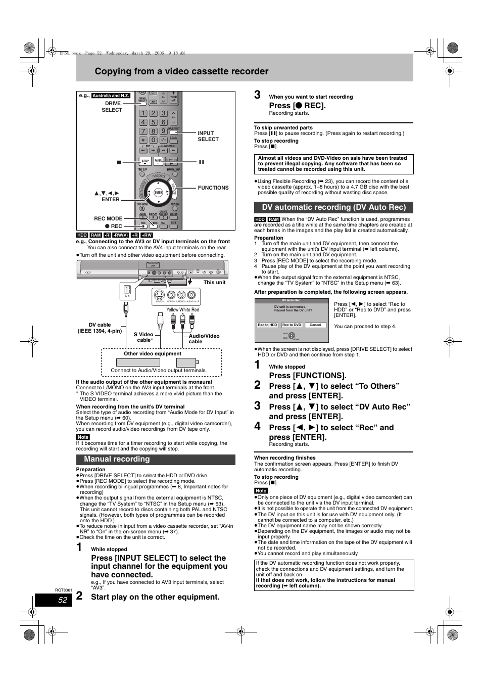 Copying from a video cassette recorder, Start play on the other equipment, Press [ ¥ rec | Press [functions, Press [ 2 , 1 ] to select “rec” and press [enter, Manual recording, Dv automatic recording (dv auto rec), Open/close drive select | Philips DMR-EH55 User Manual | Page 52 / 76