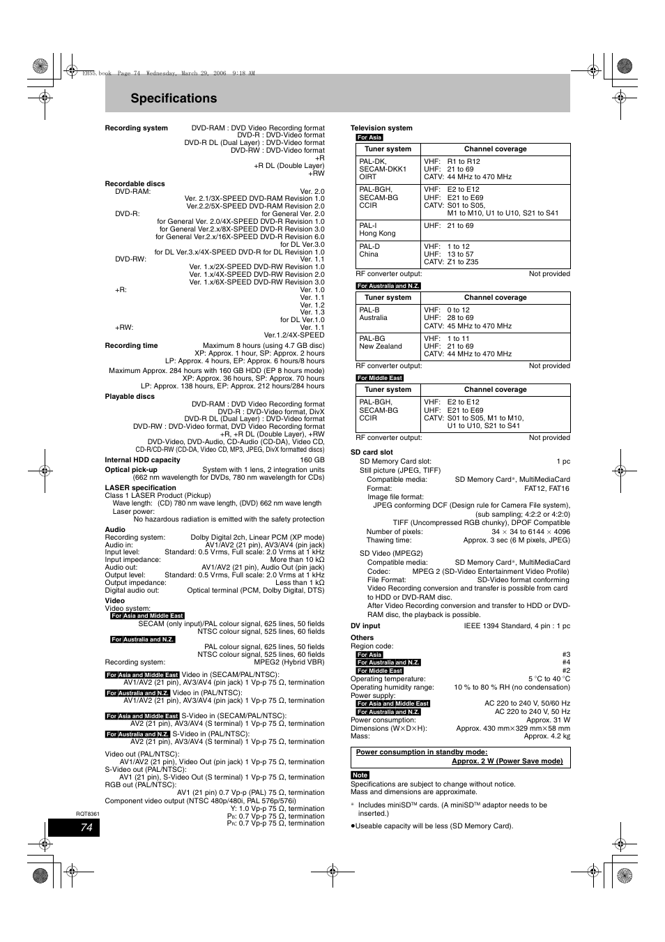 Specifications | Philips DMR-EH55 User Manual | Page 74 / 76