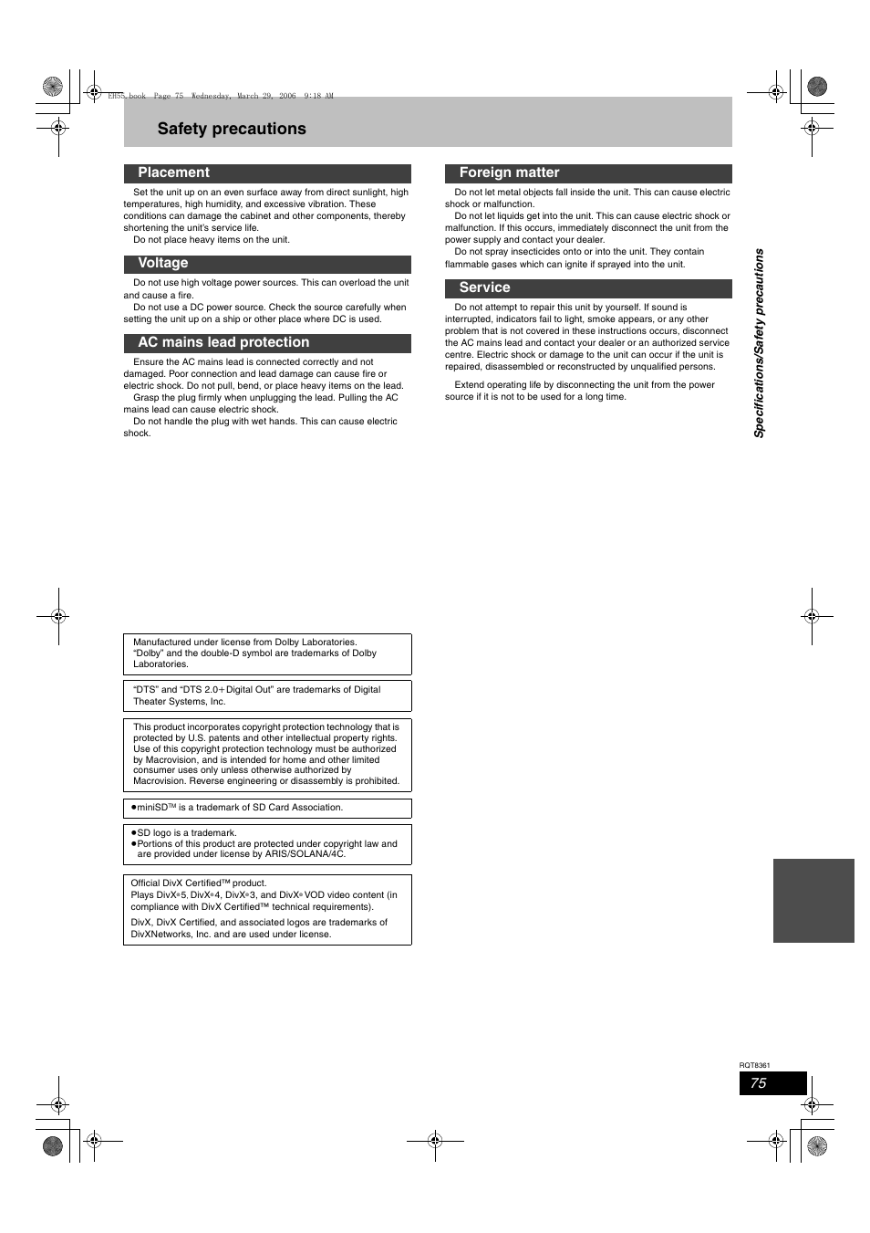 Safety precautions | Philips DMR-EH55 User Manual | Page 75 / 76