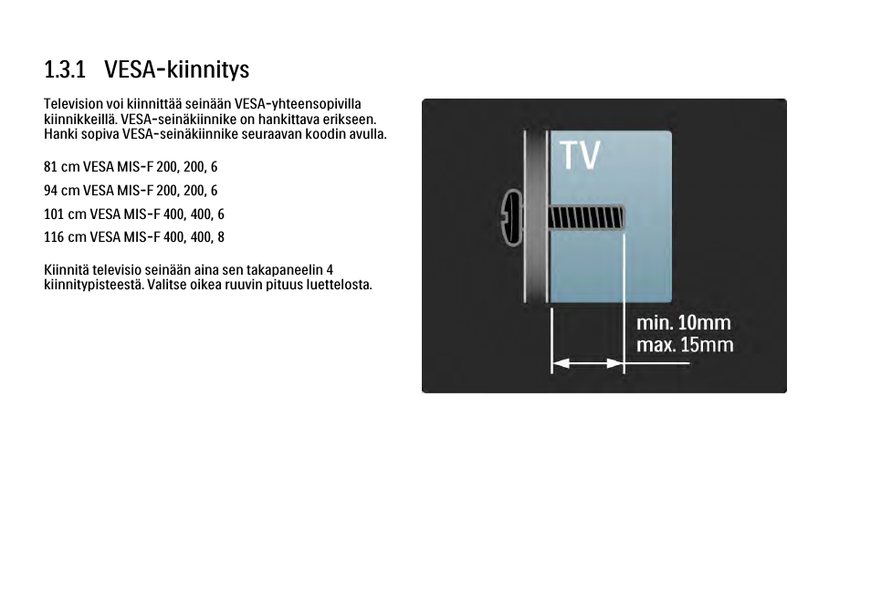 3 seinäkiinnitys, 1 vesa-kiinnitys | Philips FI KYTTOPAS 37PFL9604H User Manual | Page 26 / 263