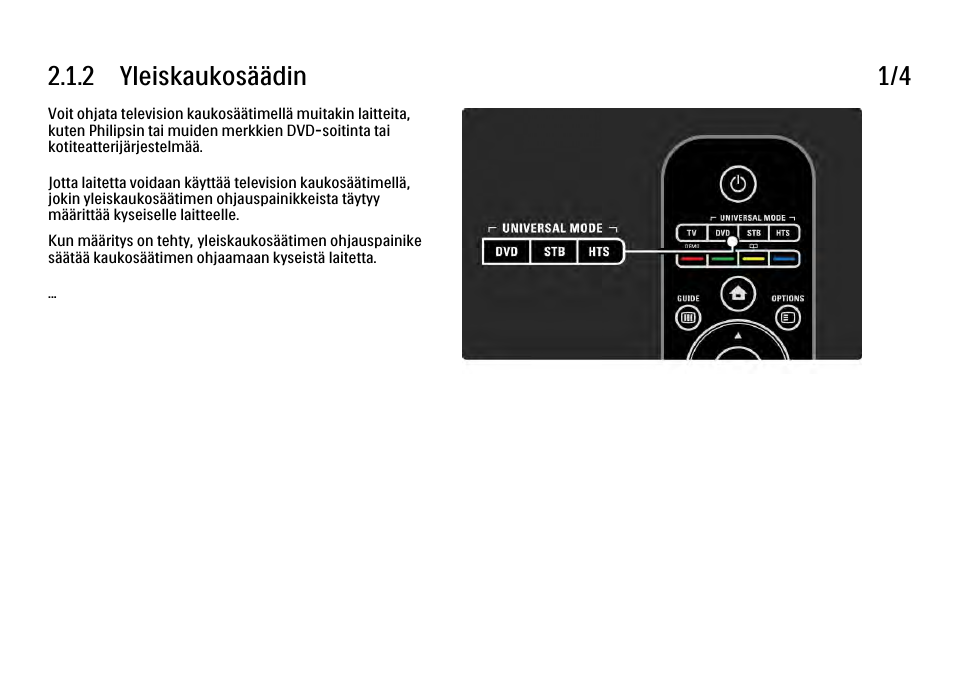 2 yleiskaukosäätimen määrittäminen, 2 yleiskaukosäädin 1/4 | Philips FI KYTTOPAS 37PFL9604H User Manual | Page 44 / 263