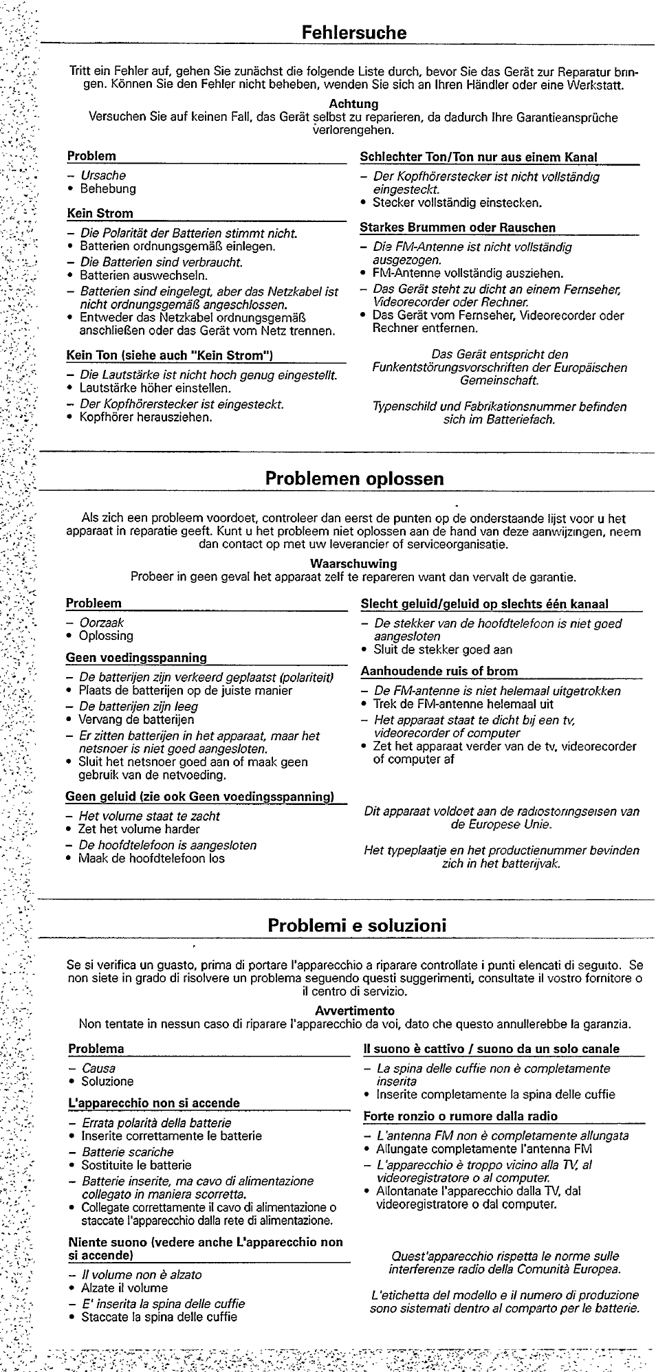Fehlersuche, Problemen oplossen, Problemi e soluzioni | Philips AE2140 User Manual | Page 4 / 5