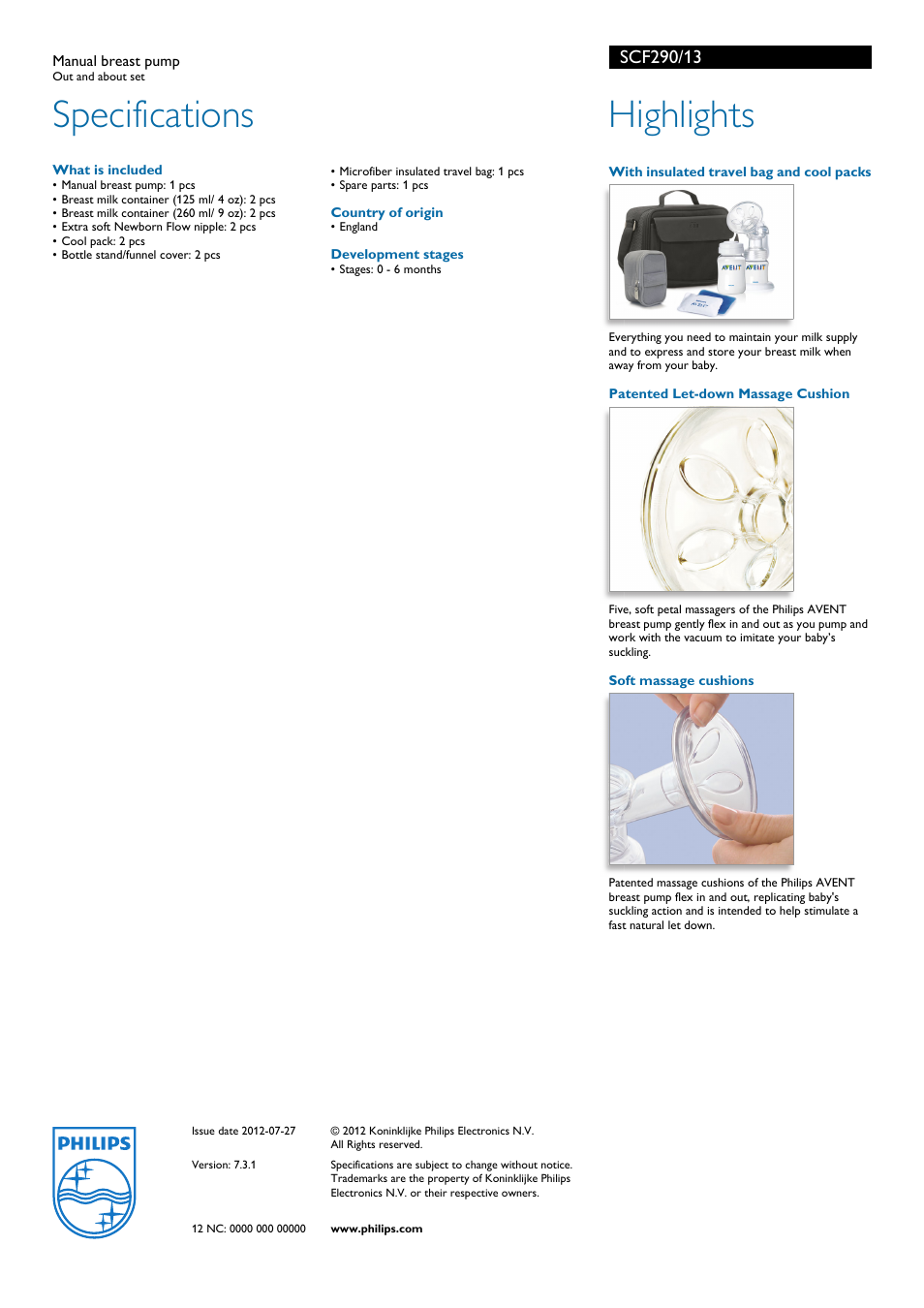 Specifications, Highlights | Philips AVENT SCF213 User Manual | Page 2 / 2