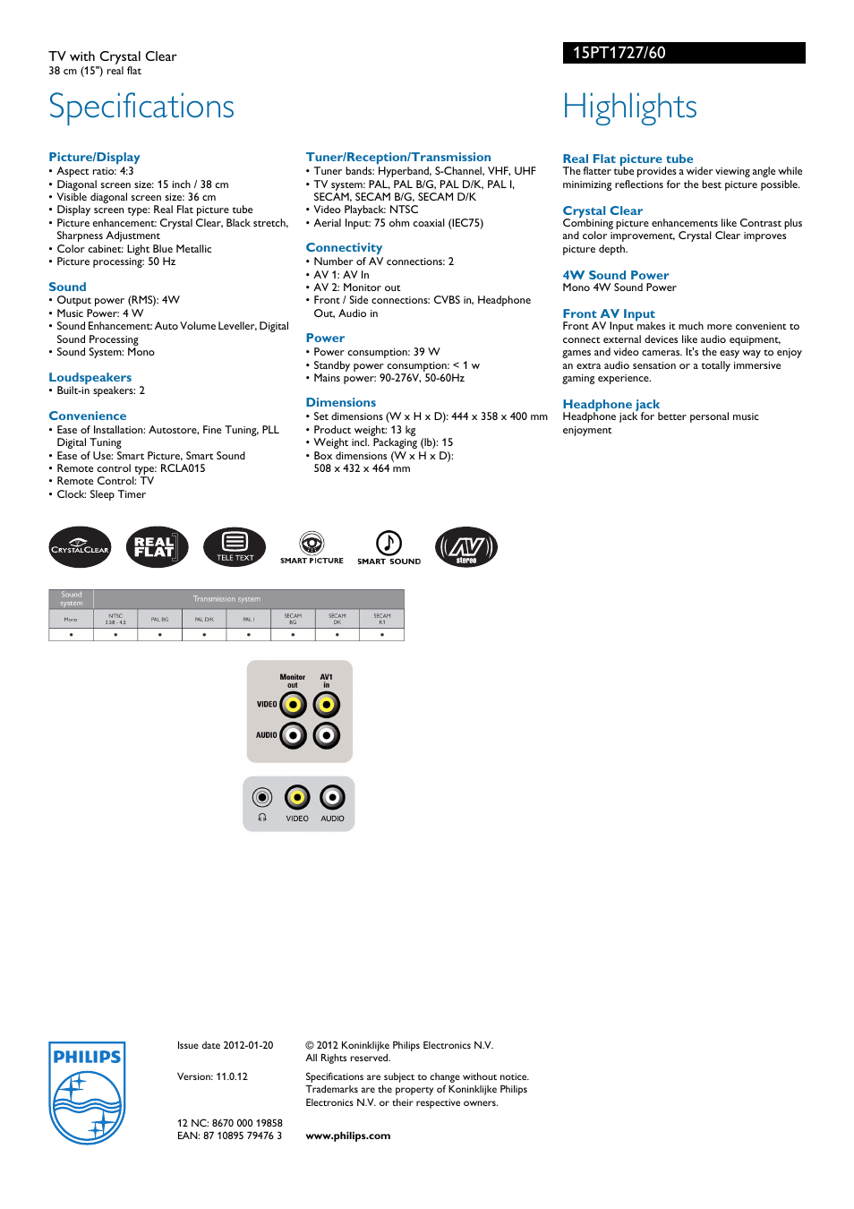 Specifications, Highlights | Philips 15PT1727 User Manual | Page 2 / 2