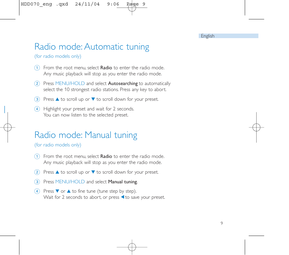 Radio mode: automatic tuning, Radio mode: manual tuning | Philips Micro Jukebox User Manual | Page 10 / 29