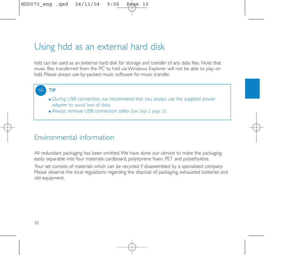 Using hdd as an external hard disk, Environmental information | Philips Micro Jukebox User Manual | Page 11 / 29