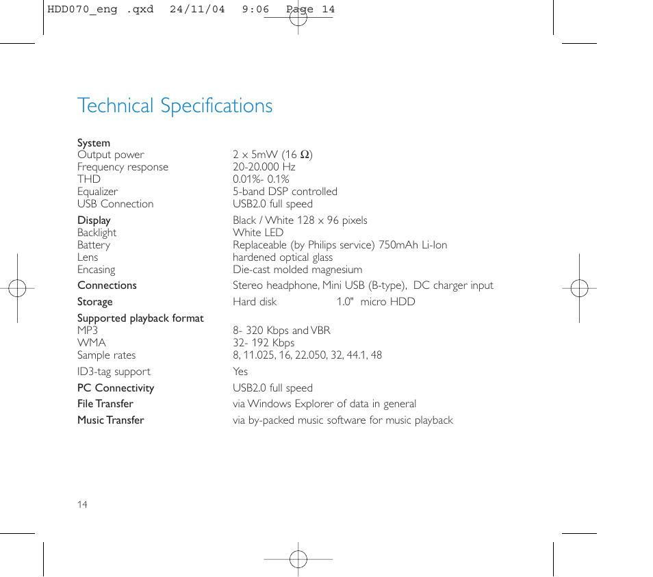 Technical specifications | Philips Micro Jukebox User Manual | Page 15 / 29