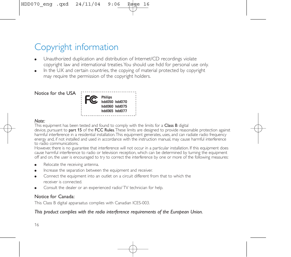 Copyright information | Philips Micro Jukebox User Manual | Page 17 / 29