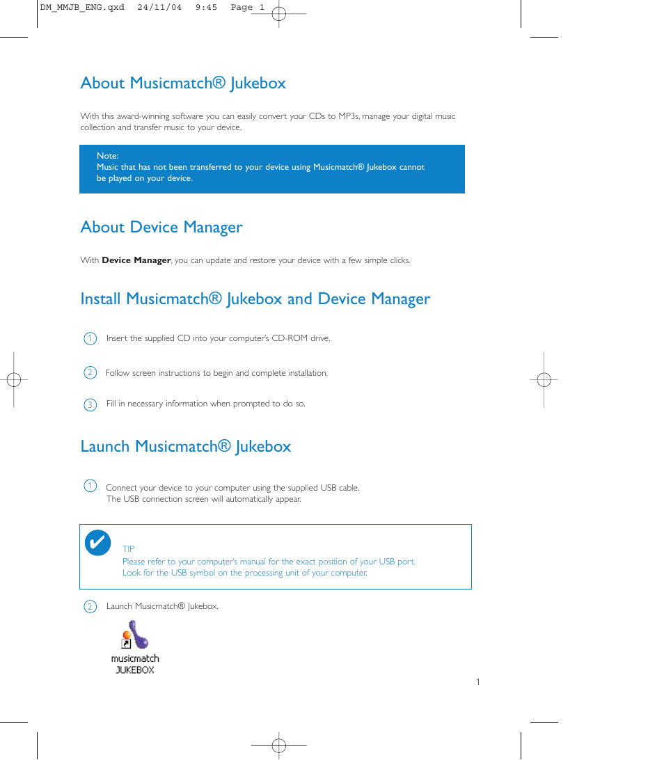 About musicmatch® jukebox, Install musicmatch® jukebox and device manager, Launch musicmatch® jukebox | About device manager | Philips Micro Jukebox User Manual | Page 18 / 29