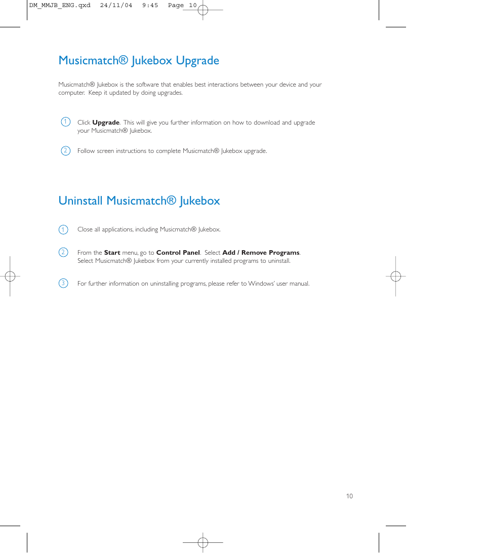 Musicmatch® jukebox upgrade, Uninstall musicmatch® jukebox | Philips Micro Jukebox User Manual | Page 27 / 29