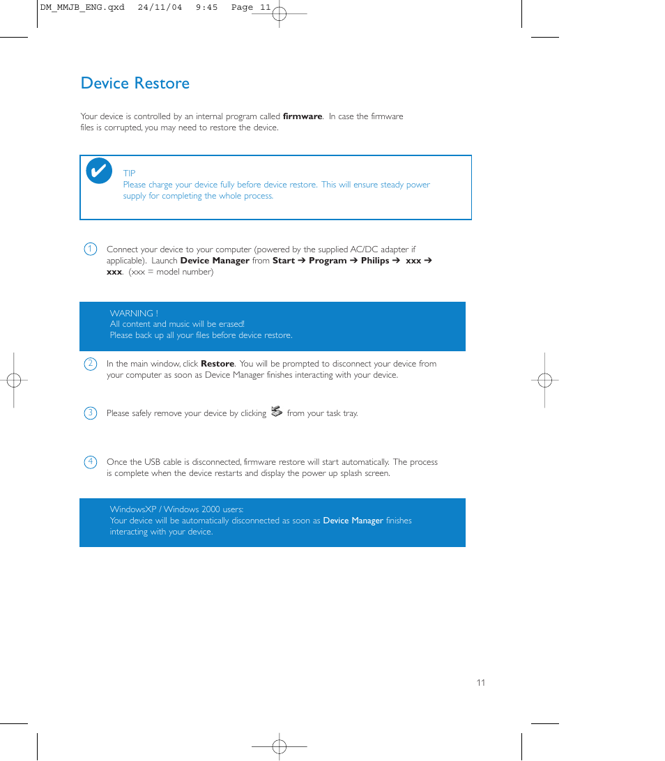 Device restore | Philips Micro Jukebox User Manual | Page 28 / 29