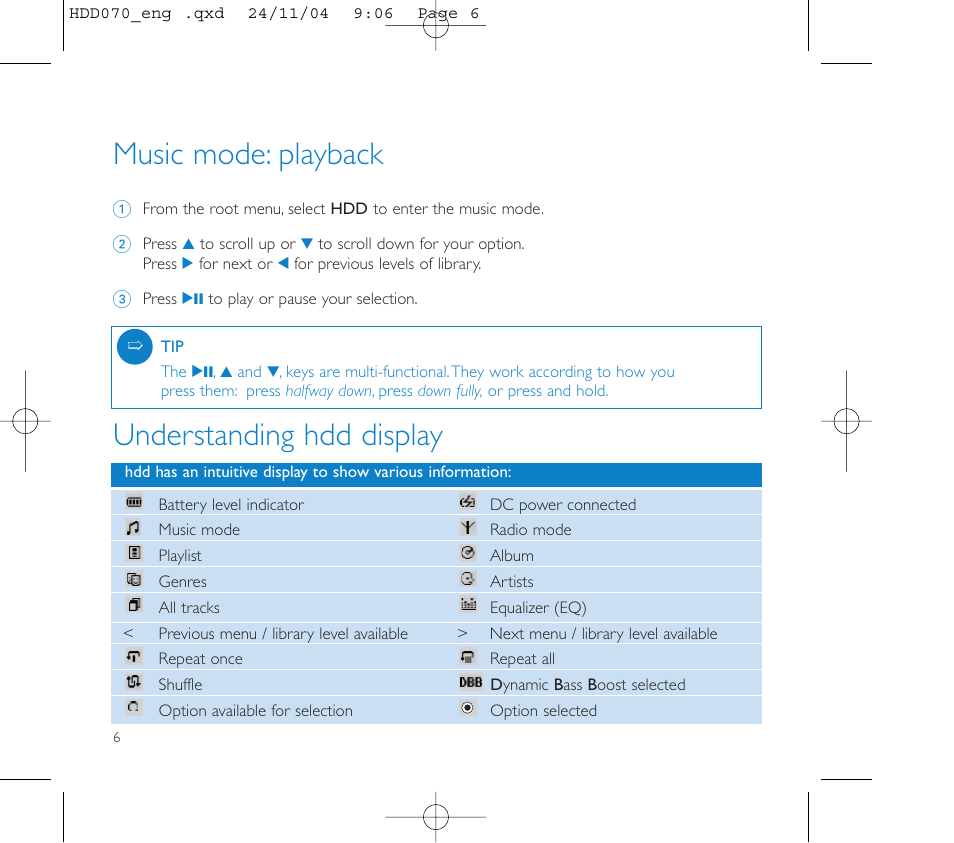 Understanding hdd display, Music mode: playback | Philips Micro Jukebox User Manual | Page 7 / 29