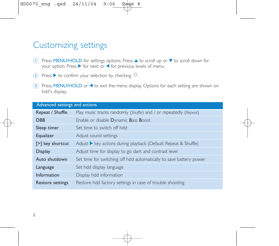 Customizing settings | Philips Micro Jukebox User Manual | Page 9 / 29