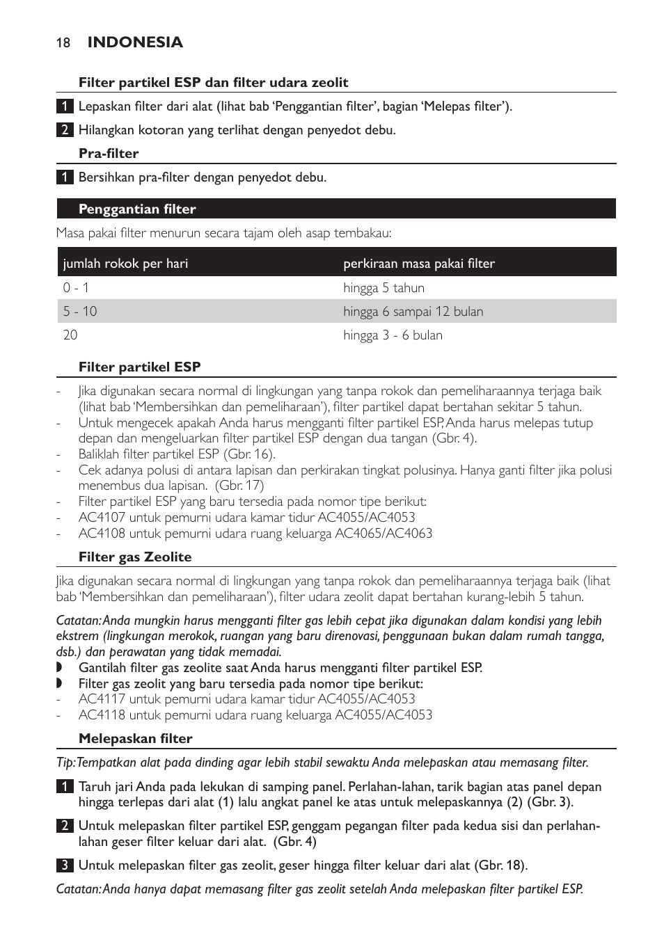 Filter partikel esp dan filter udara zeolit, Pra-filter, Penggantian filter | Filter partikel esp, Filter gas zeolite, Melepaskan filter | Philips AC4065 User Manual | Page 18 / 56