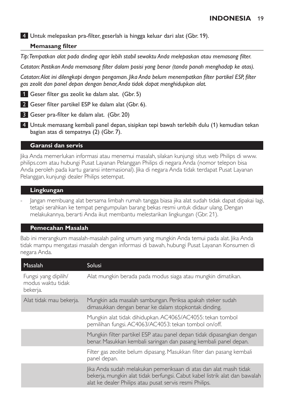 Memasang filter, Garansi dan servis, Lingkungan | Pemecahan masalah | Philips AC4065 User Manual | Page 19 / 56