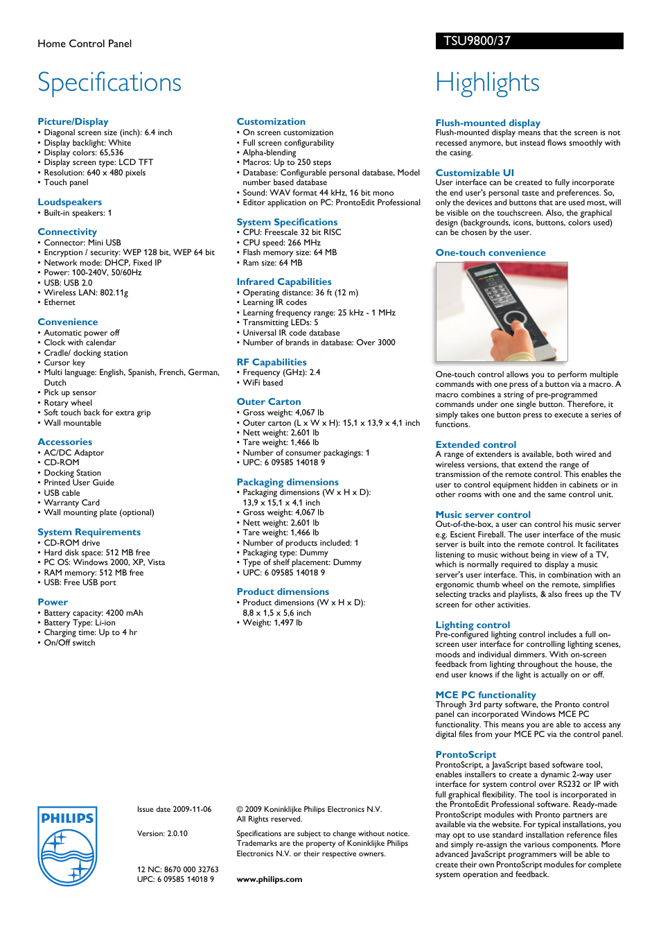 Specifications, Highlights | Philips TSU9800/37 User Manual | Page 2 / 2