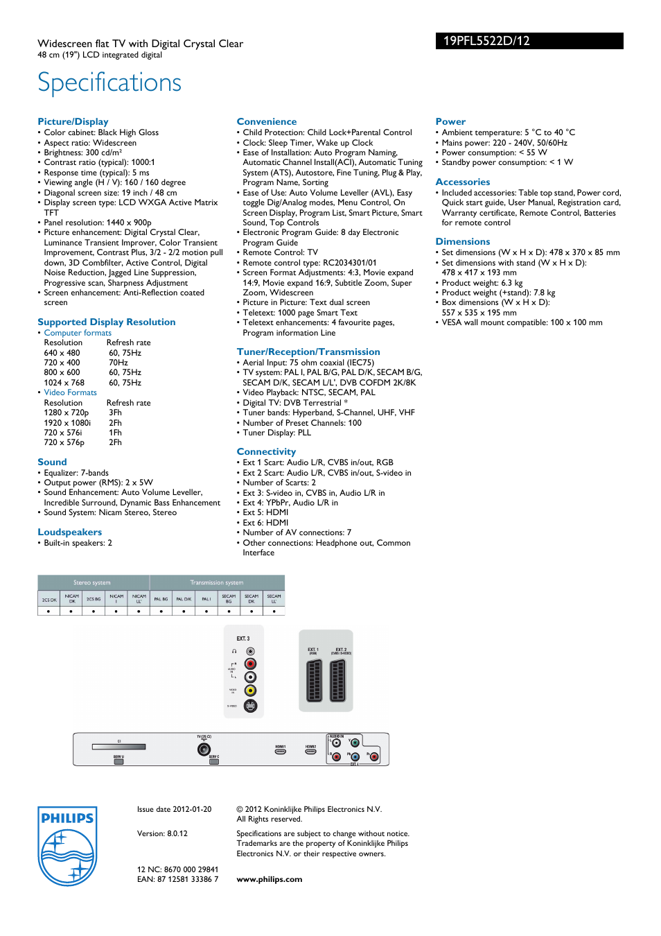 Specifications | Philips 19PFL5522D User Manual | Page 3 / 3