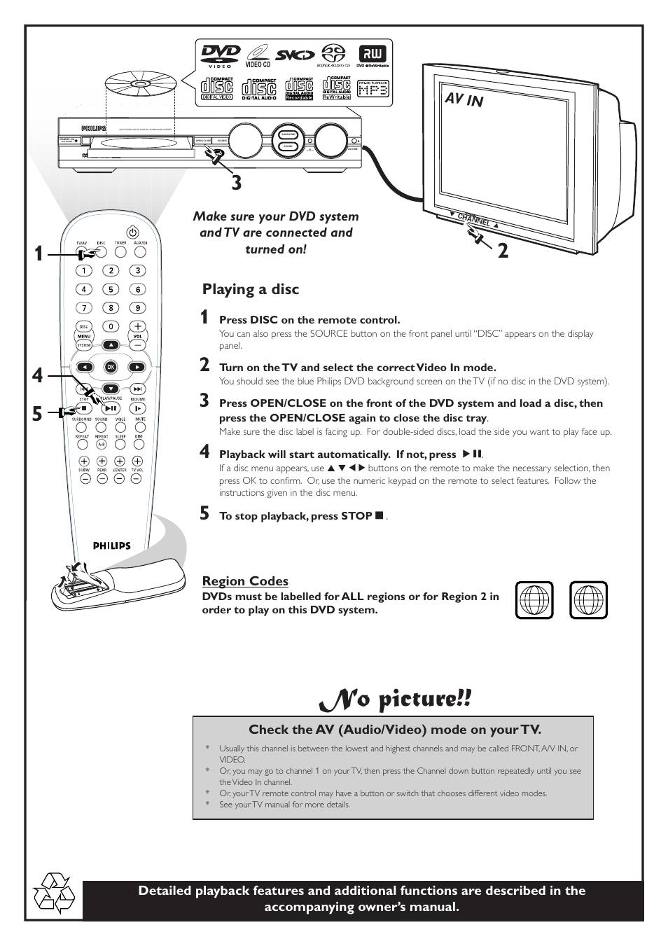 No picture, Playing a disc, Av in | Philips LX7100SA User Manual | Page 2 / 8