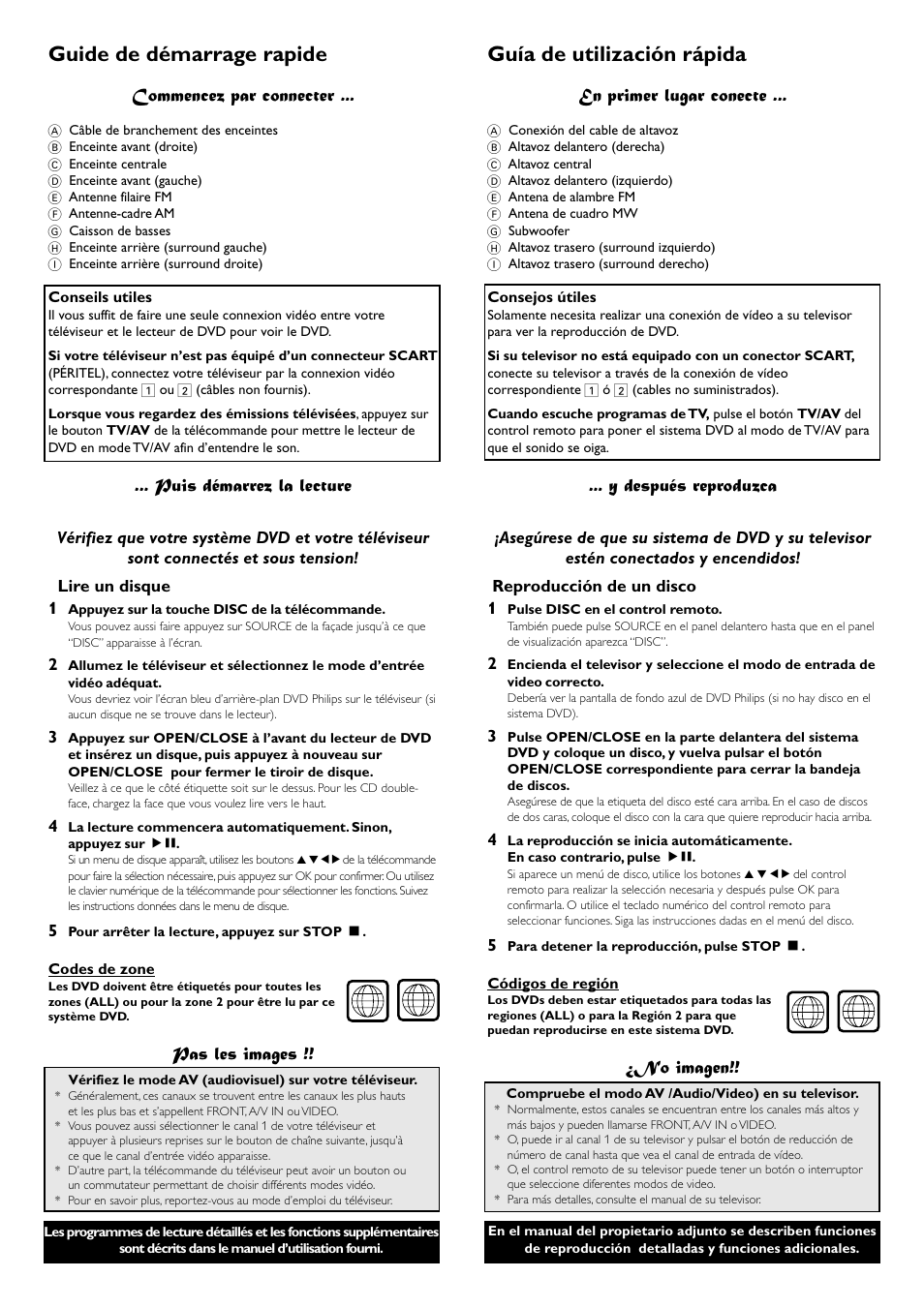 Guide de démarrage rapide, Guía de utilización rápida, Commencez par connecter | Puis démarrez la lecture, Pas les images, En primer lugar conecte, Y después reproduzca, No imagen | Philips LX7100SA User Manual | Page 3 / 8