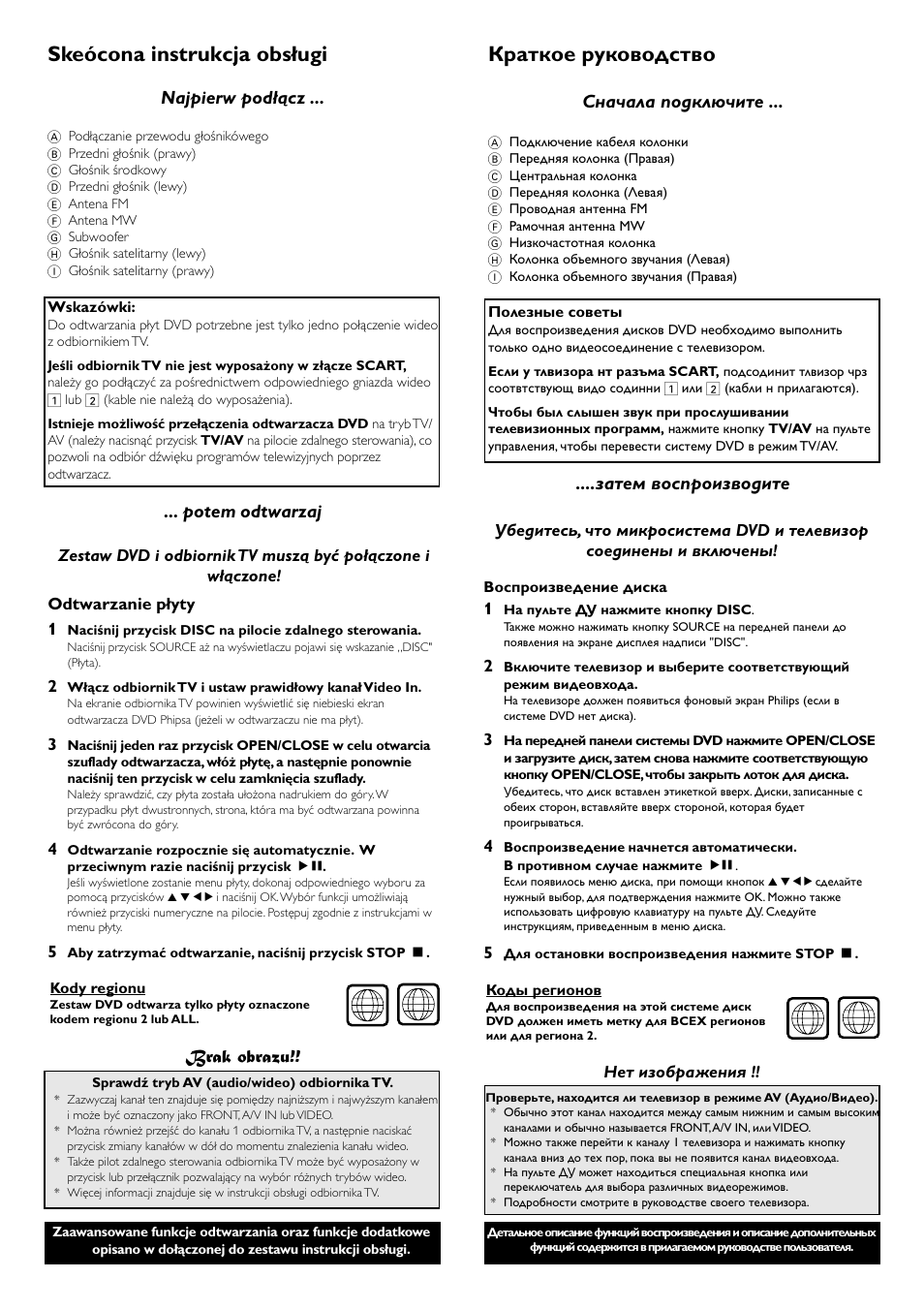 Skeócona instrukcja obsługi, Краткое руководство, Najpierw podłącz | Potem odtwarzaj, Brak obrazu, Сначала подключите, Затем воспроизводите | Philips LX7100SA User Manual | Page 8 / 8