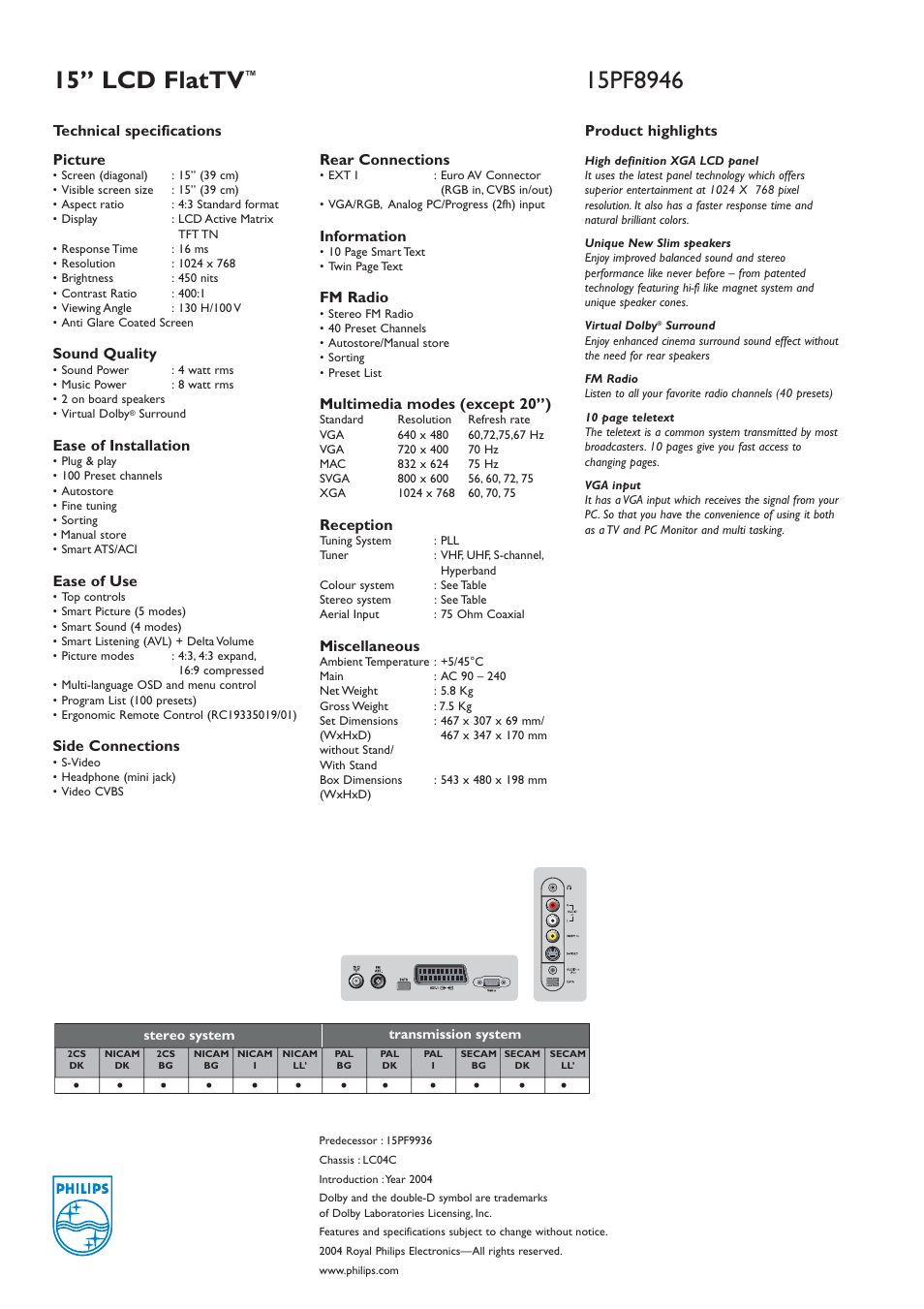 15” lcd flattv | Philips 15PF8946 User Manual | Page 2 / 2