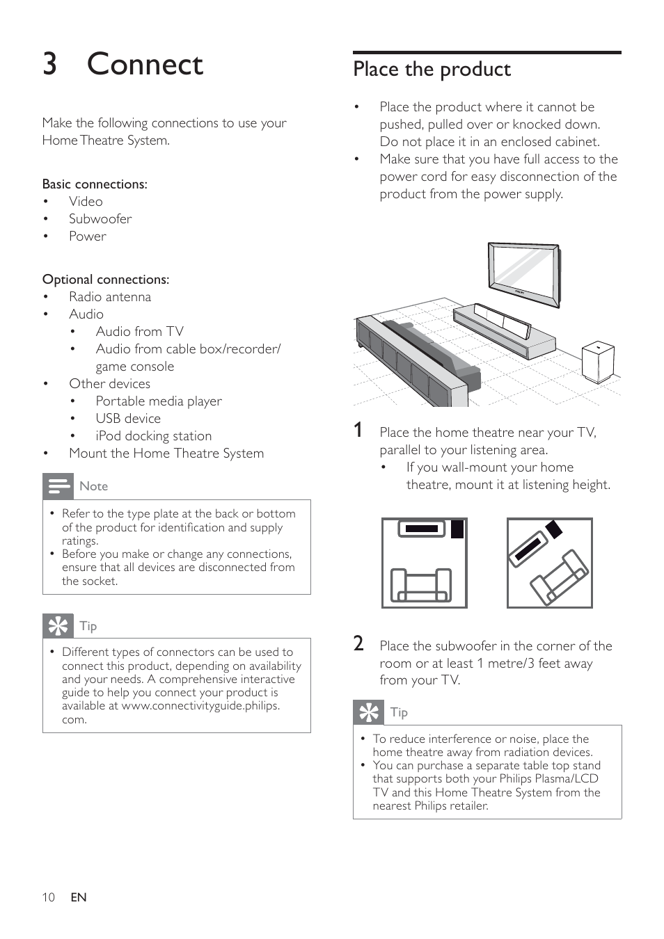 3 connect, Place the product | Philips SoundBar HTS6120 User Manual | Page 10 / 48