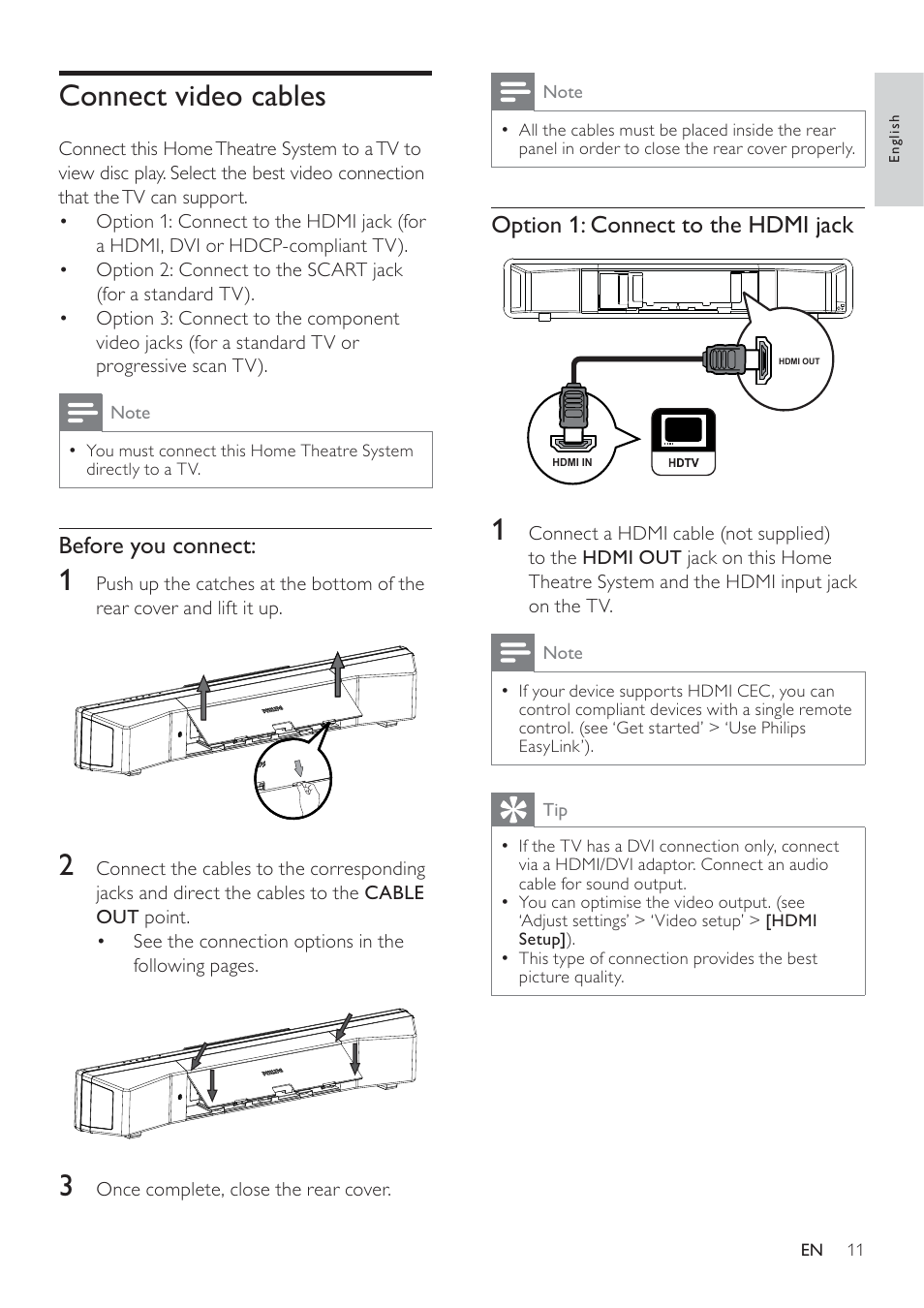 Connect video cables, Option 1: connect to the hdmi jack, Before you connect | Philips SoundBar HTS6120 User Manual | Page 11 / 48