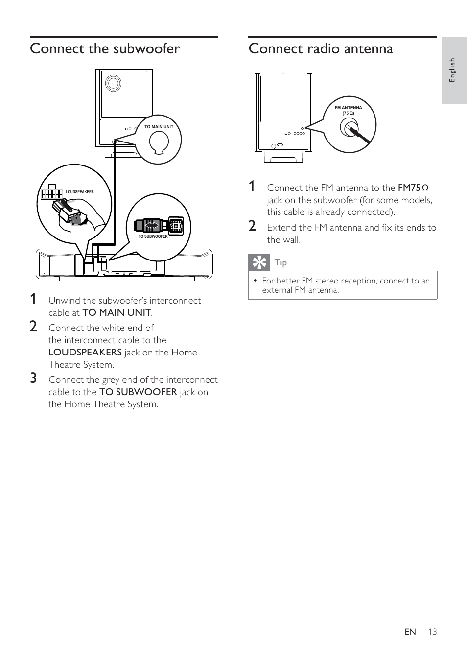 Connect radio antenna 1, Connect the subwoofer 1 | Philips SoundBar HTS6120 User Manual | Page 13 / 48