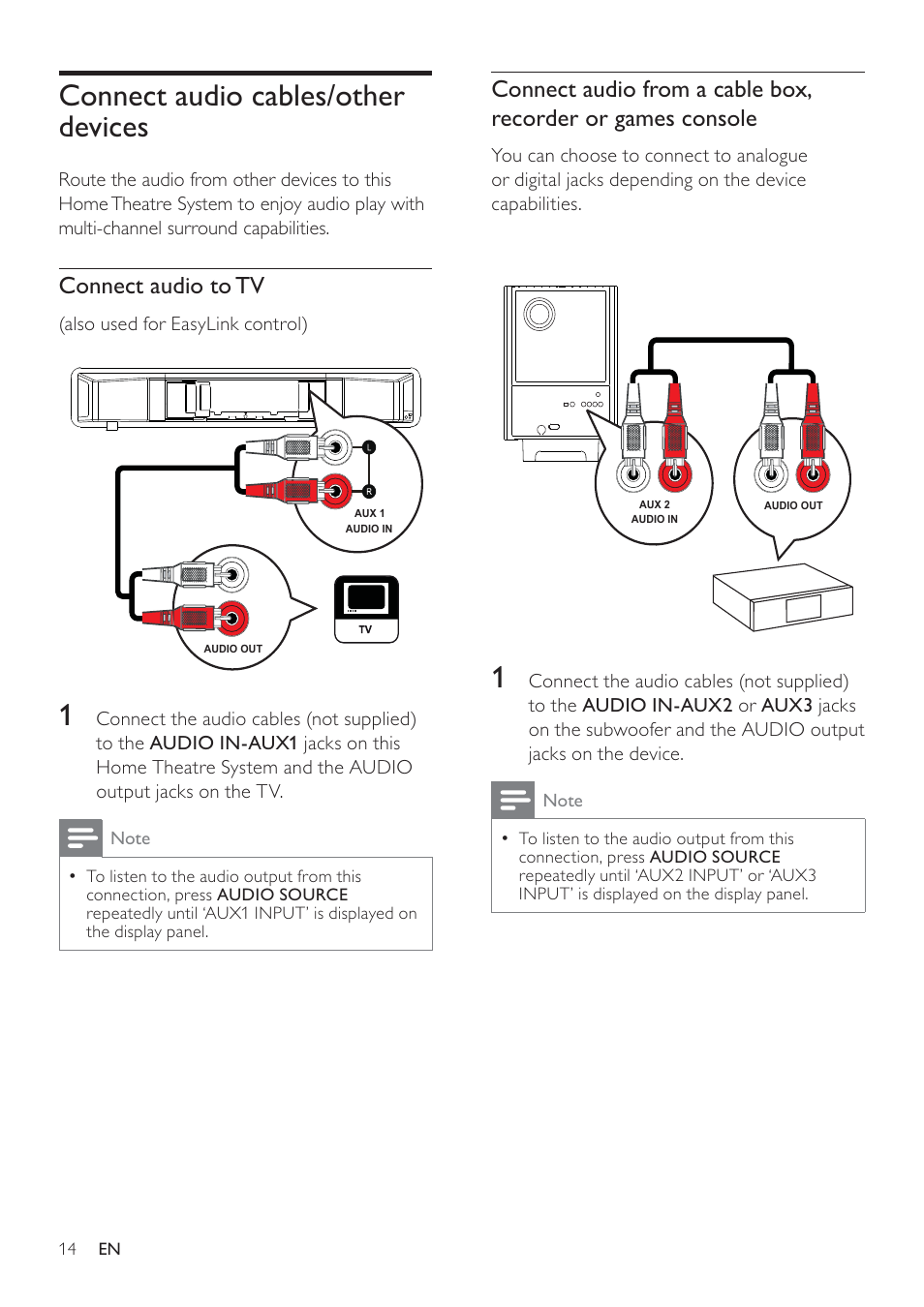 Connect audio cables/other devices, Connect audio to tv | Philips SoundBar HTS6120 User Manual | Page 14 / 48