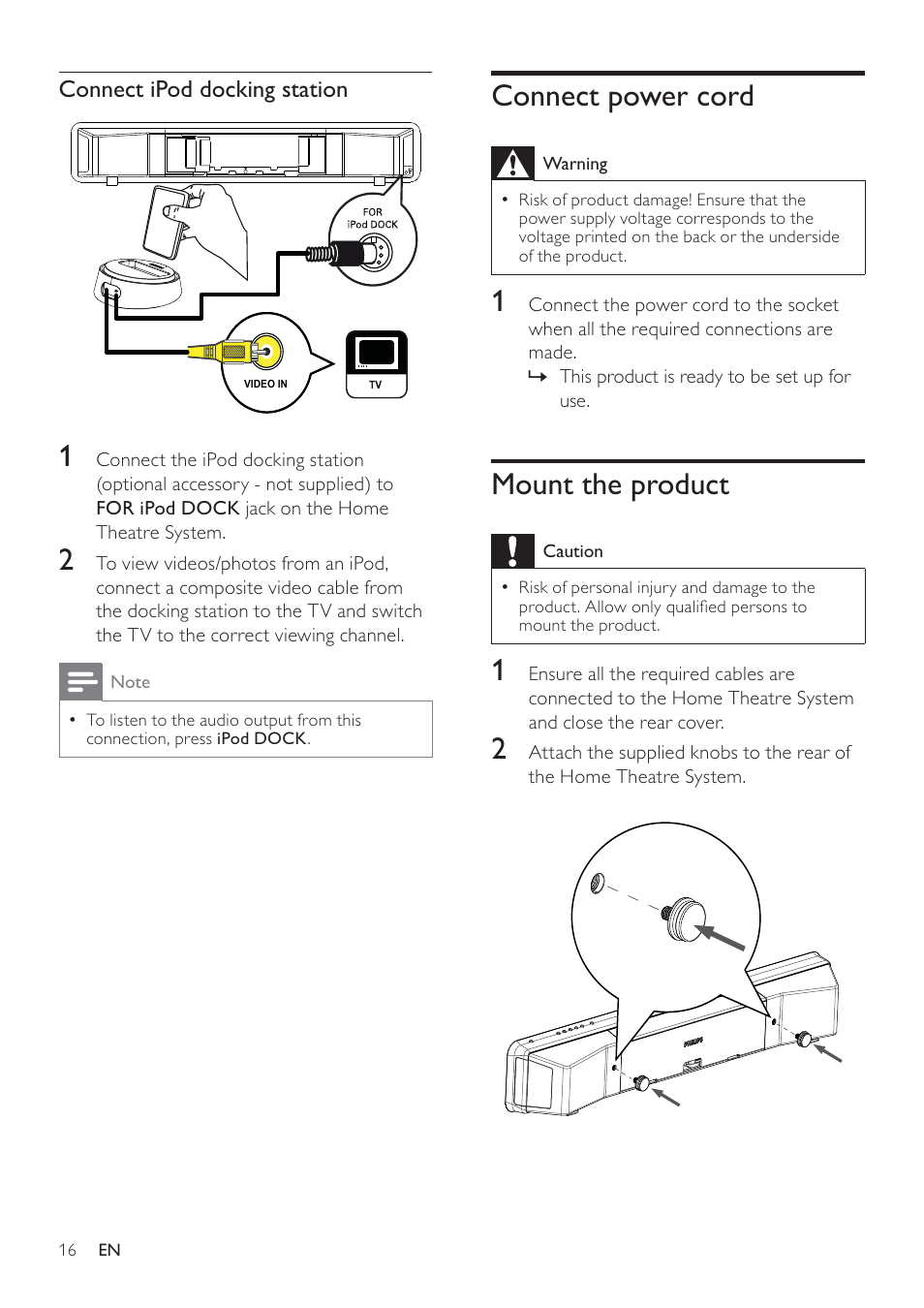 Connect power cord, Mount the product | Philips SoundBar HTS6120 User Manual | Page 16 / 48