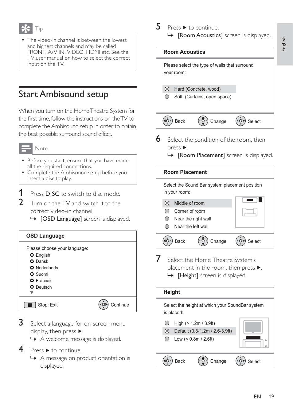 Start ambisound setup | Philips SoundBar HTS6120 User Manual | Page 19 / 48