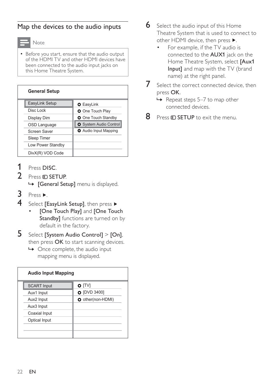 Map the devices to the audio inputs | Philips SoundBar HTS6120 User Manual | Page 22 / 48