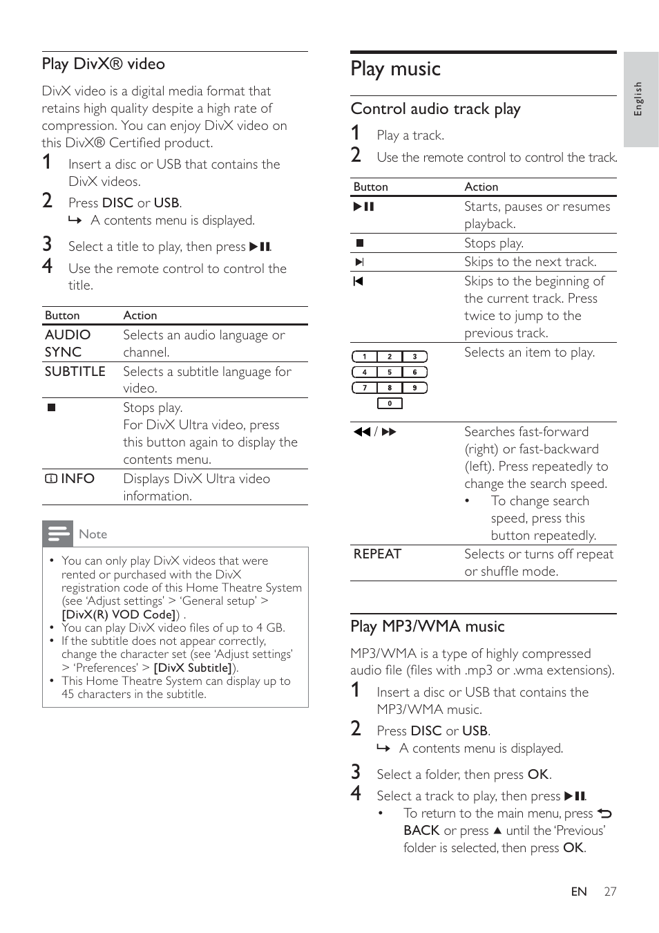 Play music | Philips SoundBar HTS6120 User Manual | Page 27 / 48