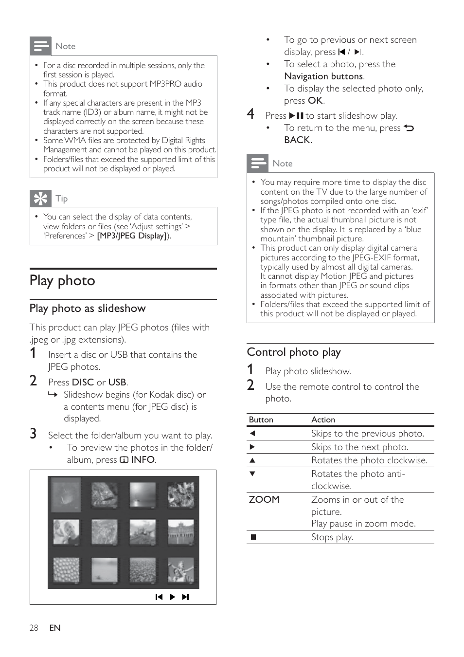 Play photo, Control photo play, Play photo as slideshow | Philips SoundBar HTS6120 User Manual | Page 28 / 48