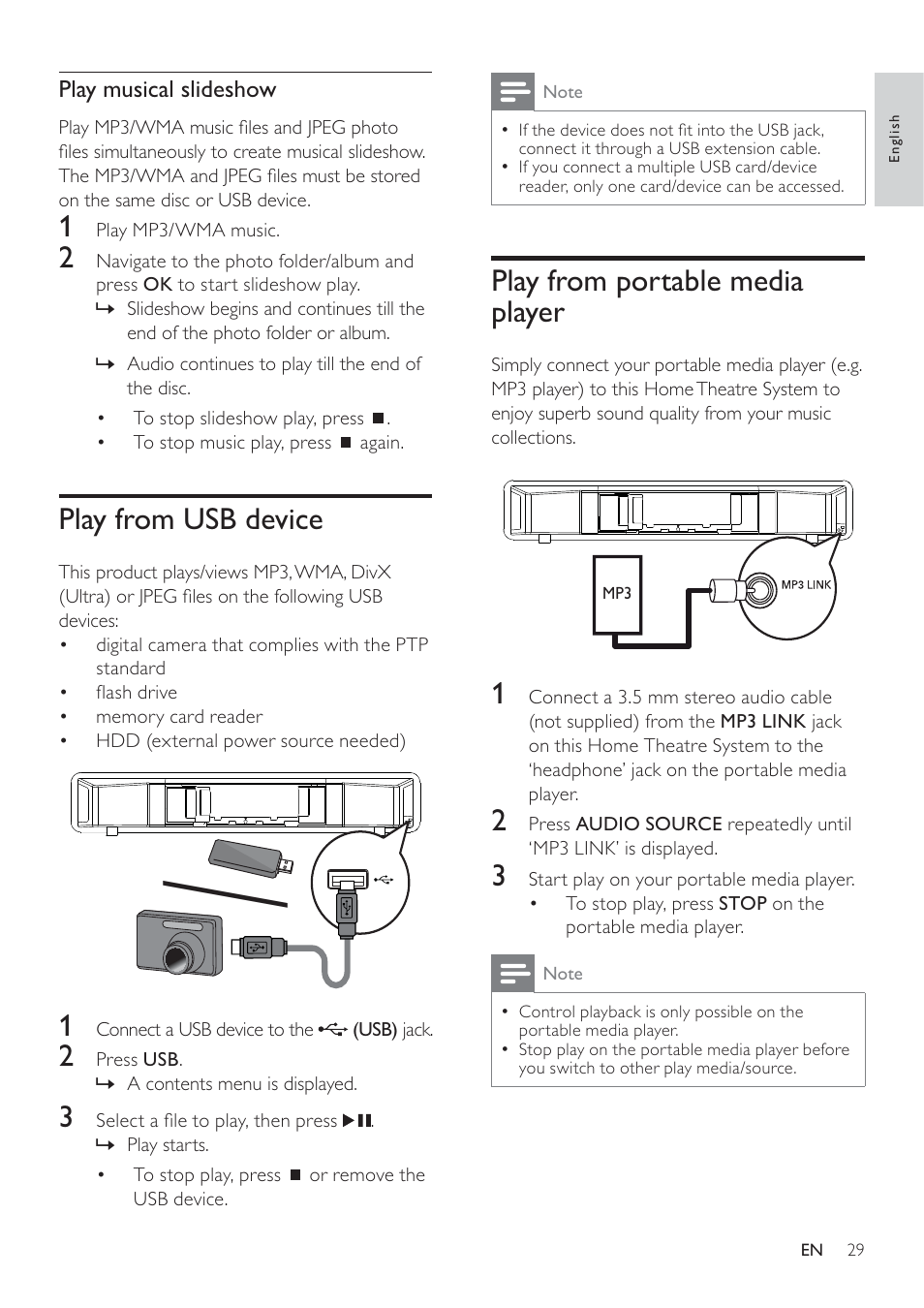 Play from portable media player, Play from usb device | Philips SoundBar HTS6120 User Manual | Page 29 / 48
