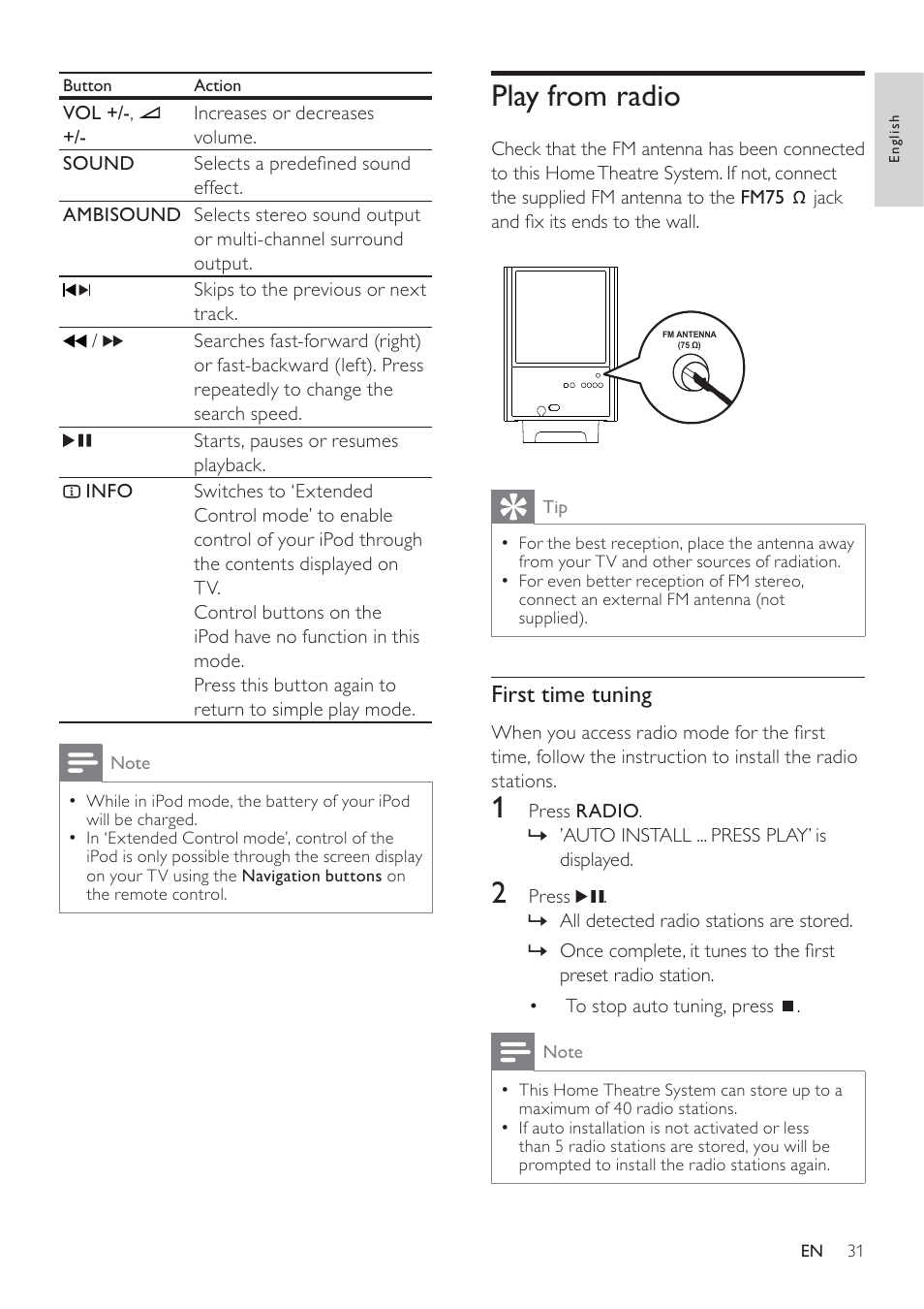 Play from radio, First time tuning | Philips SoundBar HTS6120 User Manual | Page 31 / 48