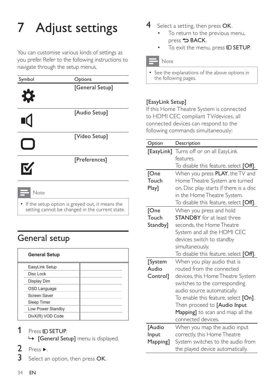 7 adjust settings, General setup 1 | Philips SoundBar HTS6120 User Manual | Page 34 / 48