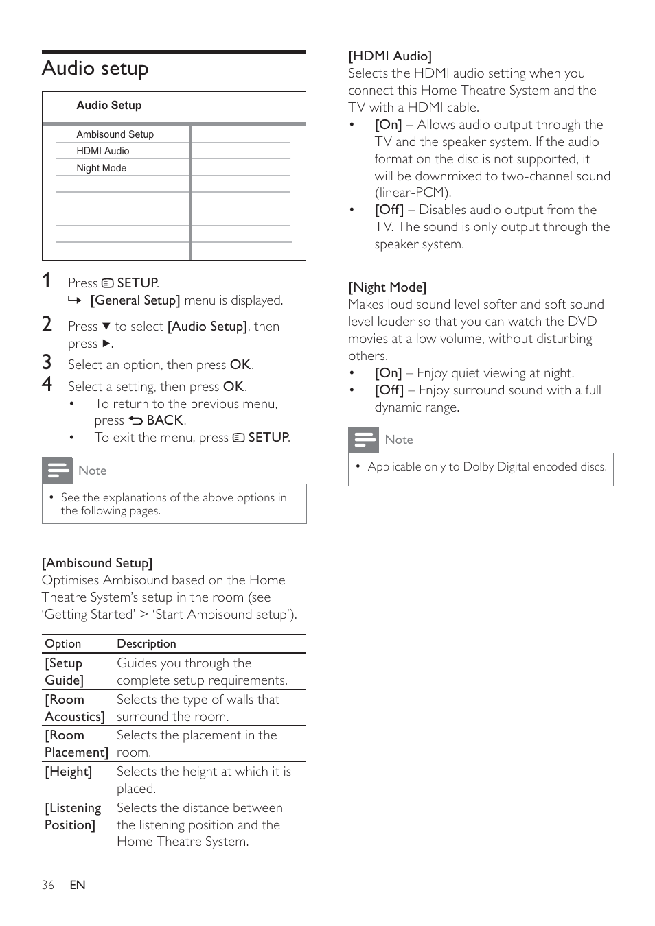 Audio setup 1 | Philips SoundBar HTS6120 User Manual | Page 36 / 48