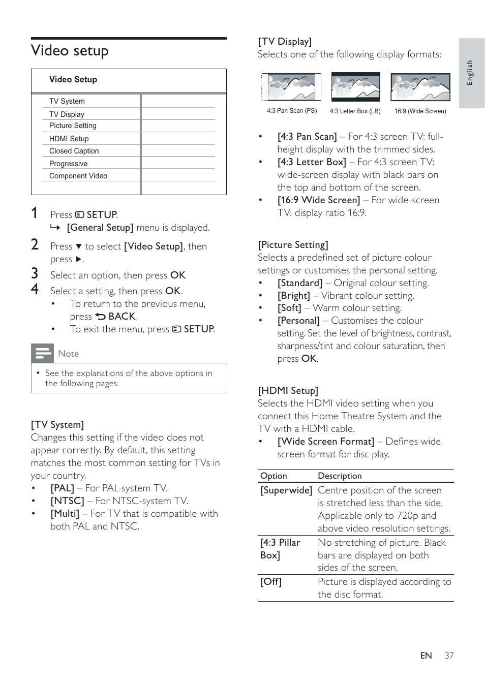 Video setup 1 | Philips SoundBar HTS6120 User Manual | Page 37 / 48