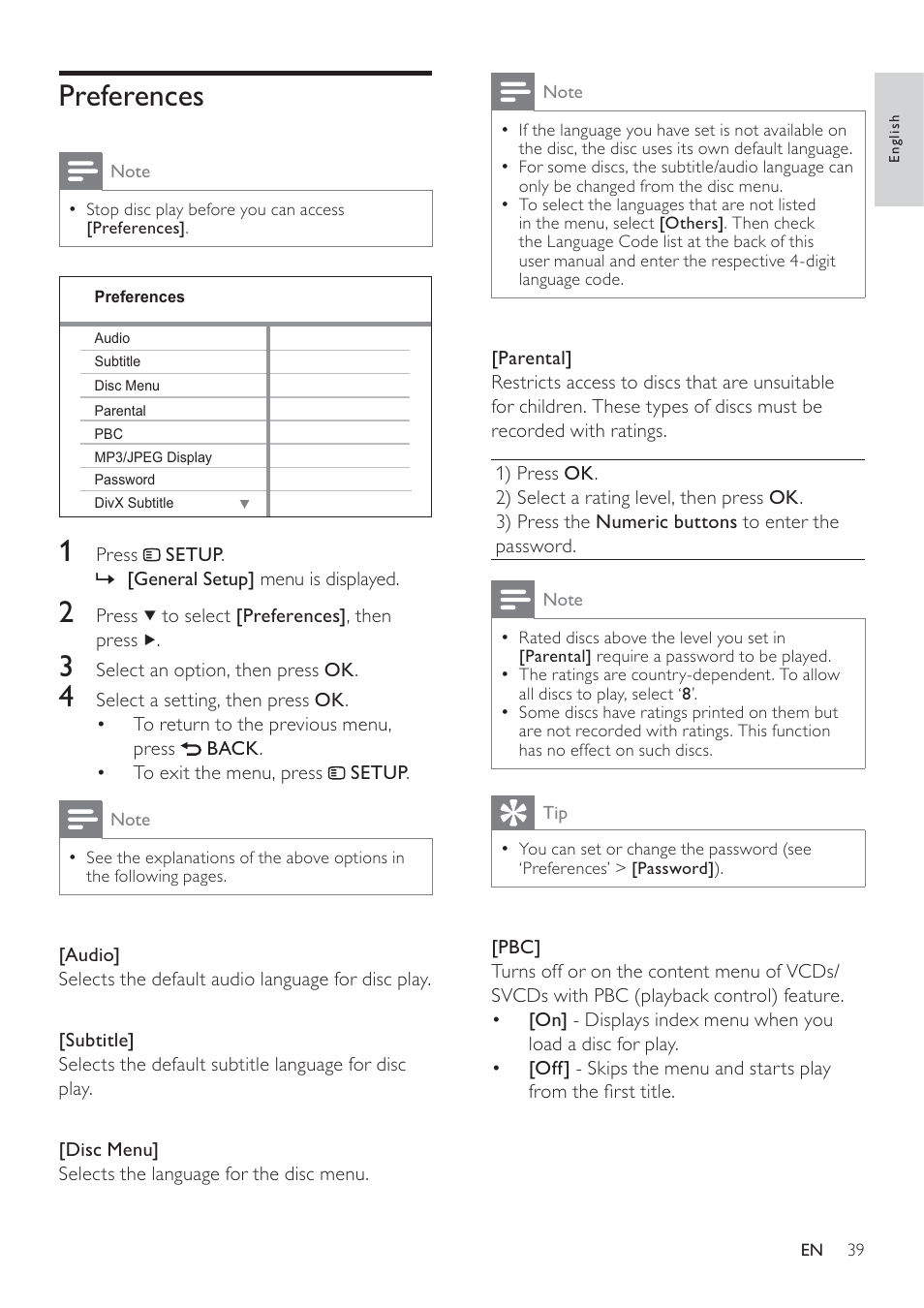 Preferences | Philips SoundBar HTS6120 User Manual | Page 39 / 48