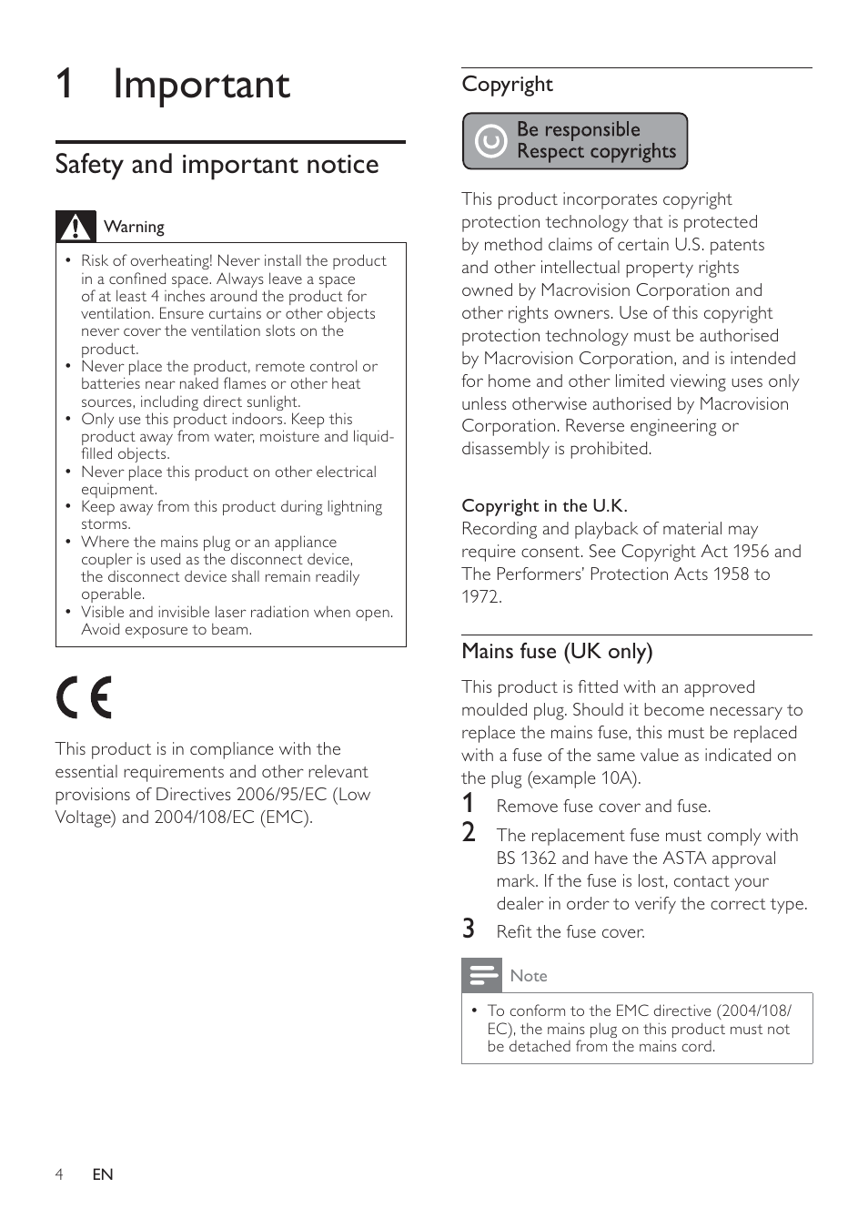 1 important, Safety and important notice | Philips SoundBar HTS6120 User Manual | Page 4 / 48