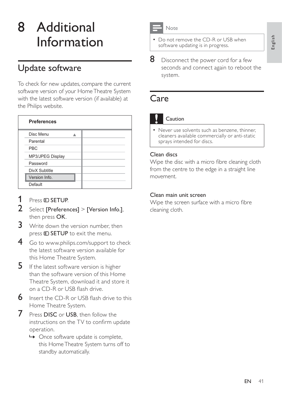 8 additional information, Care, Update software | Philips SoundBar HTS6120 User Manual | Page 41 / 48