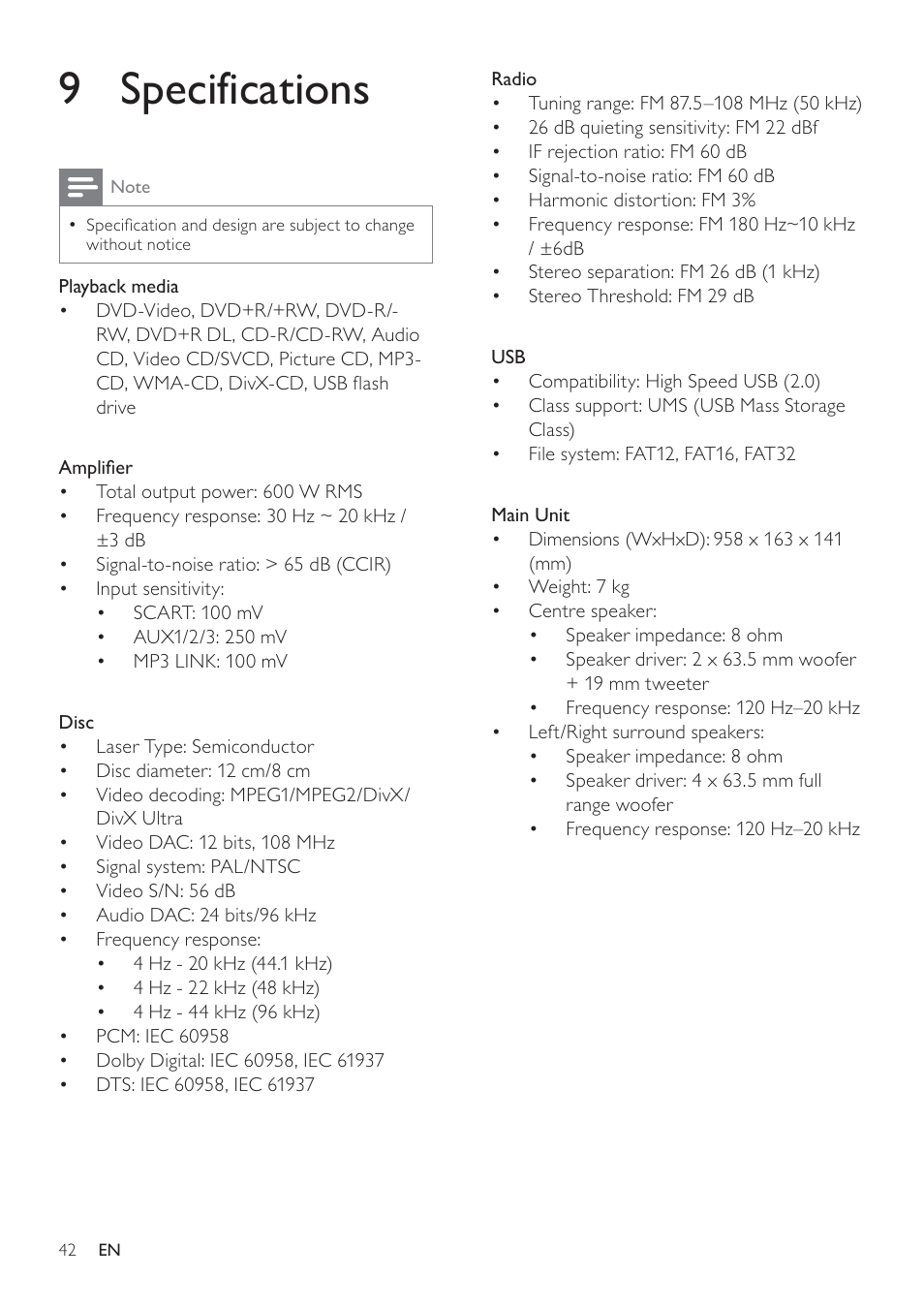 9 specifications | Philips SoundBar HTS6120 User Manual | Page 42 / 48