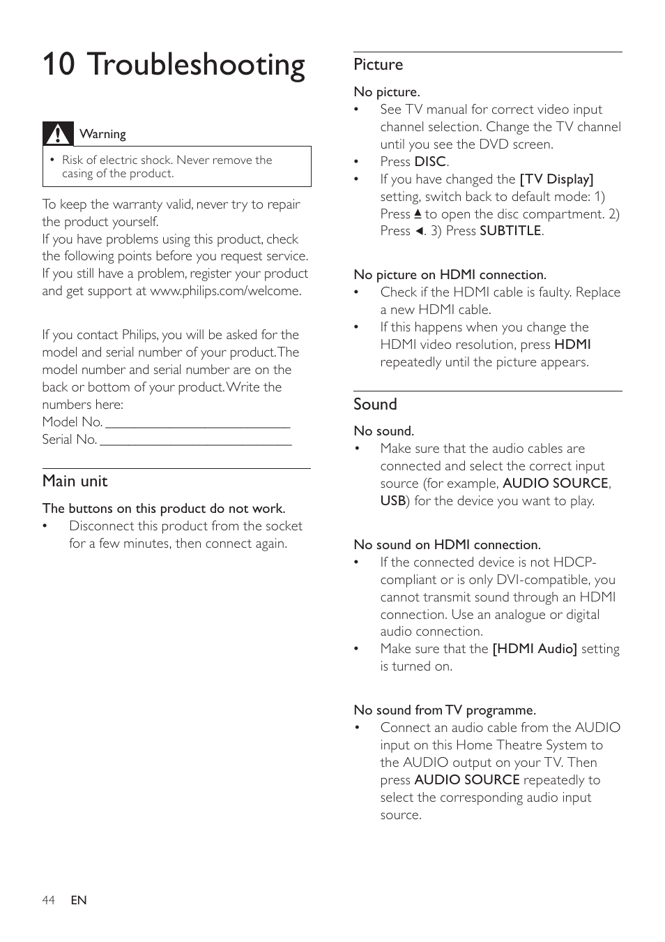 10 troubleshooting | Philips SoundBar HTS6120 User Manual | Page 44 / 48