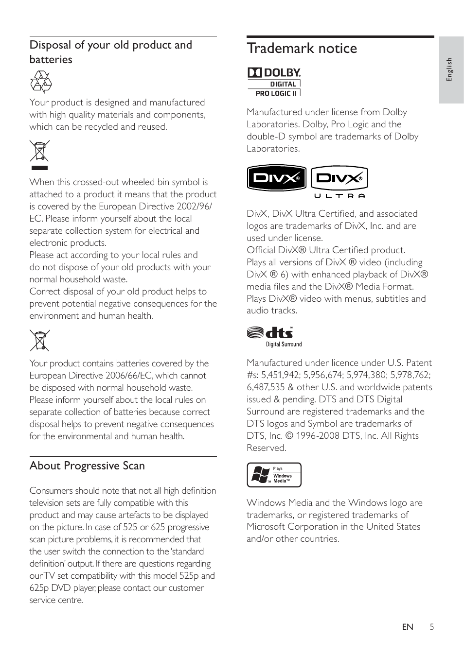 Trademark notice | Philips SoundBar HTS6120 User Manual | Page 5 / 48